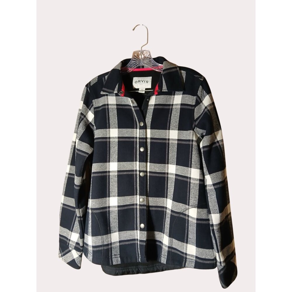 Orvis Womens Plaid Flannel Shirt Jacket Black Gray Snap Button Front S Pockets